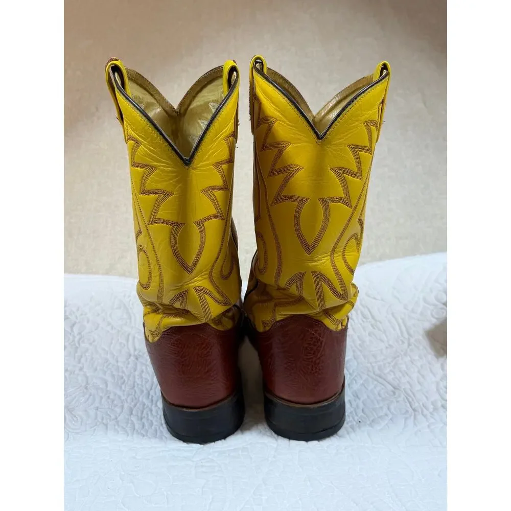 Old West Men 8D Brown Yellow Two Tone Square Toe Western Cowboy Boots Rodeo
